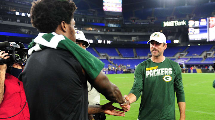Aug 15, 2019; Baltimore, MD, USA; Green Bay Packers quarterback Aaron Rodgers (right) shakes hands with Baltimore Ravens quarterback Lamar Jackson (left) after the game at M&T Bank Stadium. Mandatory Credit: Evan Habeeb-Imagn Images Aug 15, 2019; Baltimore, MD, USA; Green Bay Packers quarterback Aaron Rodgers (right) shakes hands with Baltimore Ravens quarterback Lamar Jackson (left) after the game at M&T Bank Stadium. Mandatory Credit: Evan Habeeb-Imagn Images