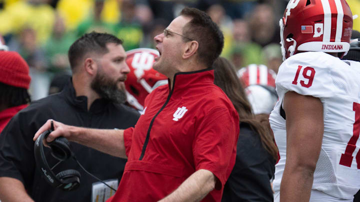 Indiana Curt Cignetti expresses his anger after a pass interference no call against Oregon during the second quarter at Autzen Stadium October 11, 2025.