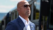Aug 30, 2025; University Park, Pennsylvania, USA; Penn State Nittany Lions head coach James Franklin exits the team bus prior to the game against the Nevada Wolf Pack at Beaver Stadium. Mandatory Credit: Matthew O'Haren-Imagn Images