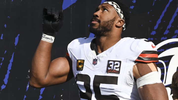 Nov 12, 2023; Baltimore, Maryland, USA;  Cleveland Browns defensive end Myles Garrett (95) before the game against the Baltimore Ravens at M&T Bank Stadium. Mandatory Credit: Tommy Gilligan-USA TODAY Sports
