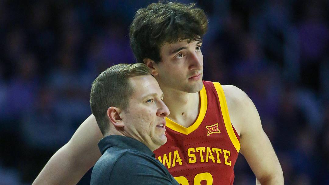 Mar 9, 2024; Manhattan, Kansas, USA; Iowa State Cyclones head coach T.J. Otzelberger talks to forward Milan Momcilovic (22) during a timeout in the first half against the Kansas State Wildcats at Bramlage Coliseum.