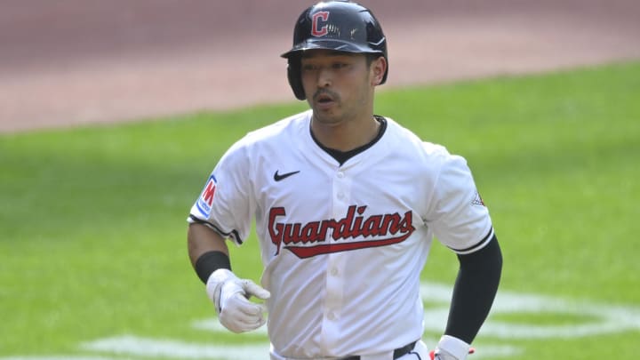 uJun 22, 2024; Cleveland, Ohio, USA; Cleveland Guardians left fielder Steven Kwan (38) rounds the bases on his solo home run in the fifth inning against the Toronto Blue Jays at Progressive Field. Mandatory Credit: David Richard-USA TODAY Sports