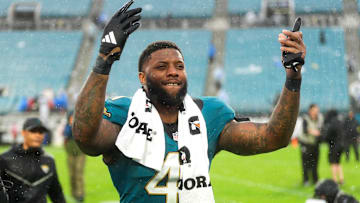 Jacksonville Jaguars defensive end Josh Hines-Allen (41) celebrates as he runs off the field after defeating the Colts during an NFL football game at EverBank Stadium, Sunday, Dec. 7, 2025, in Jacksonville, Fla. Jaguars won 36-19[Doug Engle/Florida Times-Union]