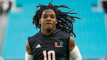 Nov 8, 2025; Miami Gardens, Florida, USA; Miami Hurricanes wide receiver Malachi Toney (10) warms up before a game against the Syracuse Orange at Hard Rock Stadium. Mandatory Credit: Jeff Romance-Imagn Images