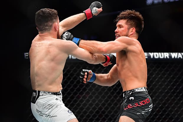 Henry Cejudo moves in against Merab Dvalishvili during UFC 298 at Honda Center. 