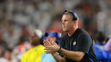 Sep 20, 2025; Miami Gardens, Florida, USA; Florida Gators head coach Billy Napier reacts on the sideline against the Miami Hurricanes during the second quarter at Hard Rock Stadium. Mandatory Credit: Sam Navarro-Imagn Images