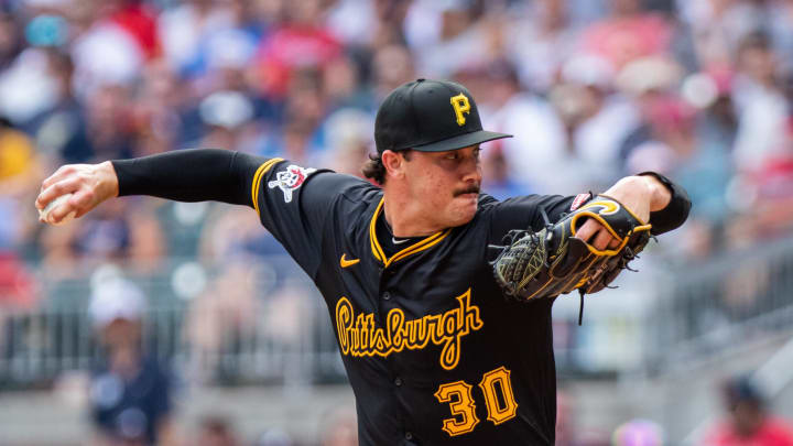 Pittsburgh Pirates pitcher Paul Skenes (30) pitches the ball against Atlanta Braves during the fifth inning at Truist Park on June 29.