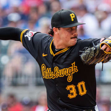 Jun 29, 2024; Cumberland, Georgia, USA; Pittsburgh Pirates pitcher Paul Skenes (30) pitches the ball against Atlanta Braves during the fifth inning at Truist Park.