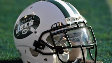 Sep 22, 2008; San Diego, CA, USA; New York Jets helmet on the field during the game against the San Diego Chargers at Qualcomm Stadium. Mandatory Credit: Kirby Lee/Image of Sport-Imagn Images