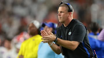 Sep 20, 2025; Miami Gardens, Florida, USA; Florida Gators head coach Billy Napier reacts on the sideline against the Miami Hurricanes during the second quarter at Hard Rock Stadium. Mandatory Credit: Sam Navarro-Imagn Images