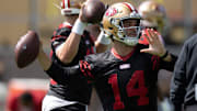 Jul 23, 2025; Santa Clara, CA, USA; San Francisco 49ers quarterback Tanner Mordecai (14) throws a pass during the first day of training camp at SAP Performance Facility.