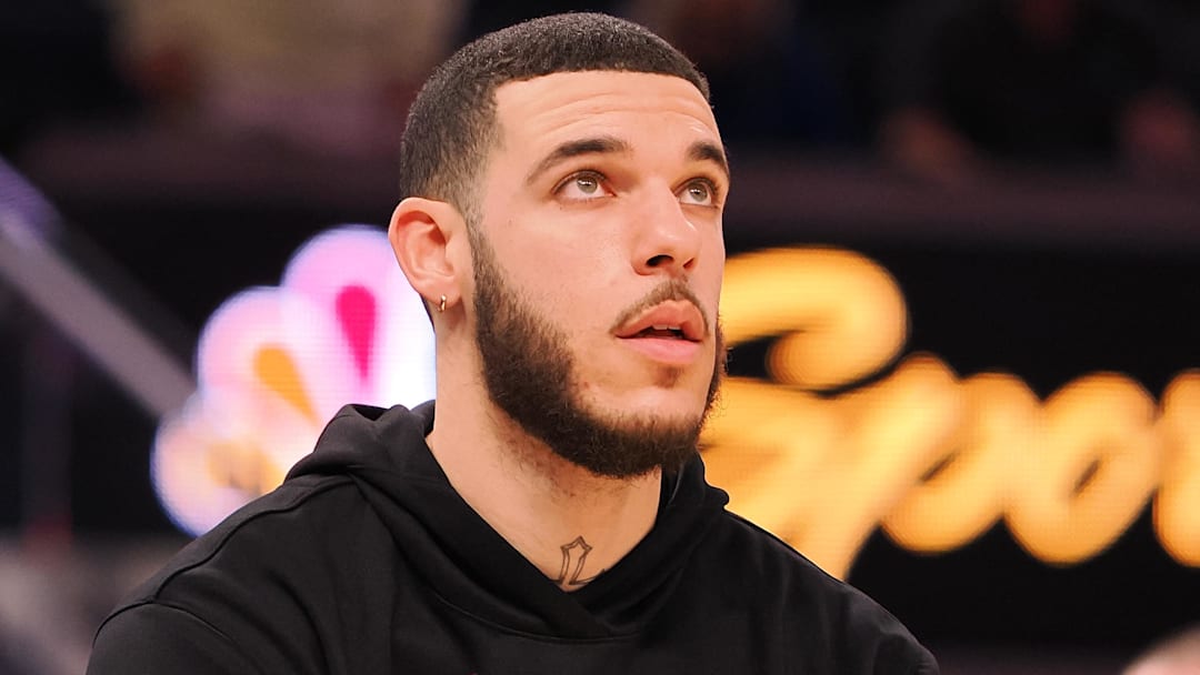 Jan 23, 2025; San Francisco, California, USA; Chicago Bulls guard Lonzo Ball (2) warms up before the game against the Golden State Warriors at Chase Center. Mandatory Credit: Kelley L Cox-Imagn Images