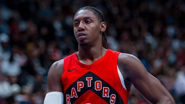 Oct 10, 2026; Vancouver, British Columbia, CAN;  Toronto Raptors forward RJ Barrett (9) during a stop in play against the Los Angeles Clippers in the second half at Rogers Arena.  Mandatory Credit: Bob Frid-Imagn Images