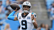 Sep 15, 2024; Charlotte, North Carolina, USA;  Carolina Panthers quarterback Bryce Young (9) throws against the Los Angeles Chargers during the second half at Bank of America Stadium.