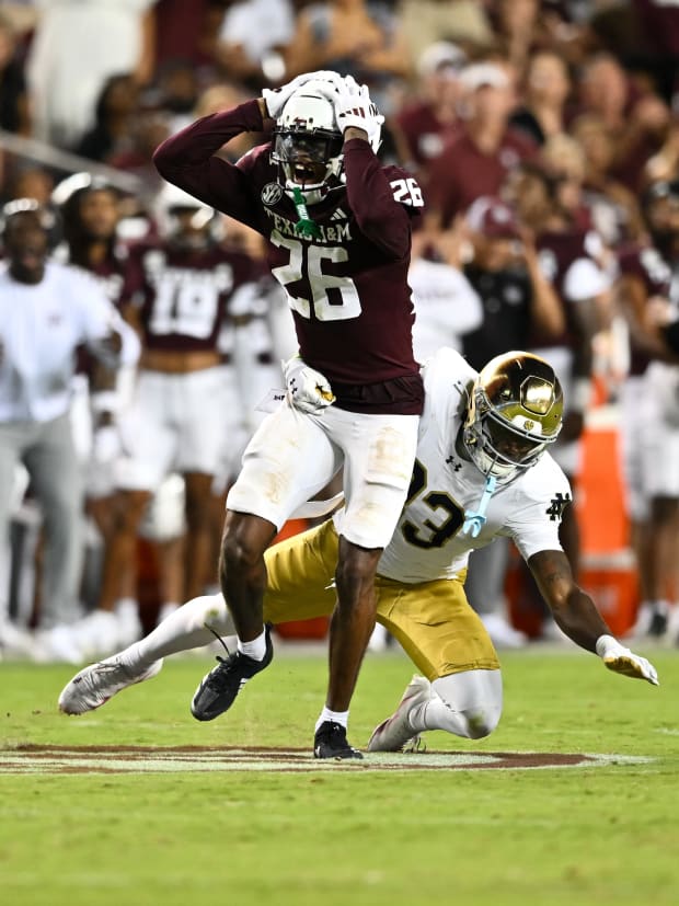  Texas A&M Aggies defensive back Dashawn Fillmore (26) reacts during the second half against Notre Dame Fighting Irish.