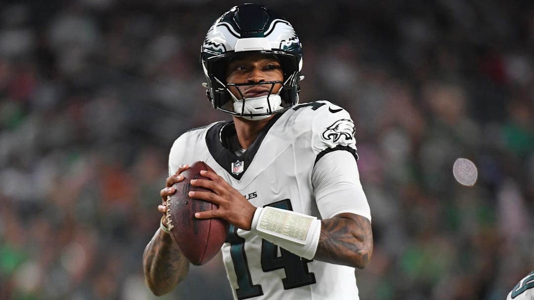 Aug 7, 2025; Philadelphia, Pennsylvania, USA; Philadelphia Eagles quarterback Dorian Thompson-Robinson (14) looks for a receiver during the third quarter against the Cincinnati Bengals at Lincoln Financial Field. Mandatory Credit: Eric Hartline-Imagn Images