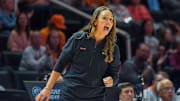 Tennessee coach Kim Caldwell yells on the sidelines during a NCAA women's basketball between the Tennessee Lady Vols and Belmont Bruins at Thompson-Boling Arena at Food City Center in Knoxville, Tenn. on Nov. 13, 2025.