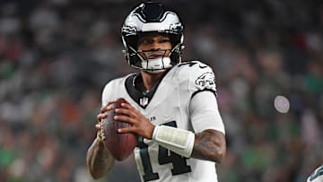 Aug 7, 2025; Philadelphia, Pennsylvania, USA; Philadelphia Eagles quarterback Dorian Thompson-Robinson (14) looks for a receiver during the third quarter against the Cincinnati Bengals at Lincoln Financial Field. Mandatory Credit: Eric Hartline-Imagn Images