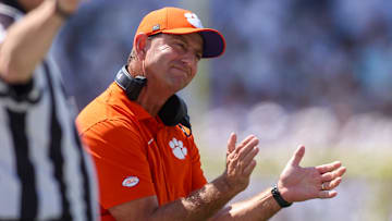 Sep 13, 2025; Atlanta, Georgia, USA; Clemson Tigers head coach Dabo Swinney on the sideline against the Georgia Tech Yellow Jackets in the first quarter at Bobby Dodd Stadium at Hyundai Field. Mandatory Credit: Brett Davis-Imagn Images
