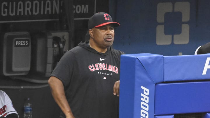 Jul 24, 2023; Cleveland, Ohio, USA; Cleveland Guardians bench coach DeMarlo Hale (30) stands in the dugout in the fifth inning against the Kansas City Royals at Progressive Field.