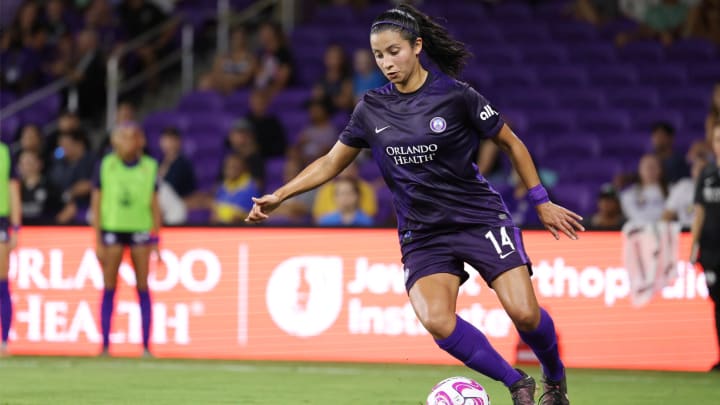 Jul 23, 2023; Orlando, FL, USA; Orlando Pride midfielder Viviana Villacorta (14) plays the ball in the second half against New Jersey/New York Gotham FC at Exploria Stadium. Mandatory Credit: Nathan Ray Seebeck-USA TODAY Sports