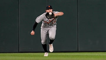 Jun 16, 2023; Minneapolis, Minnesota, USA; Detroit Tigers right fielder Jake Marisnick (15) catches