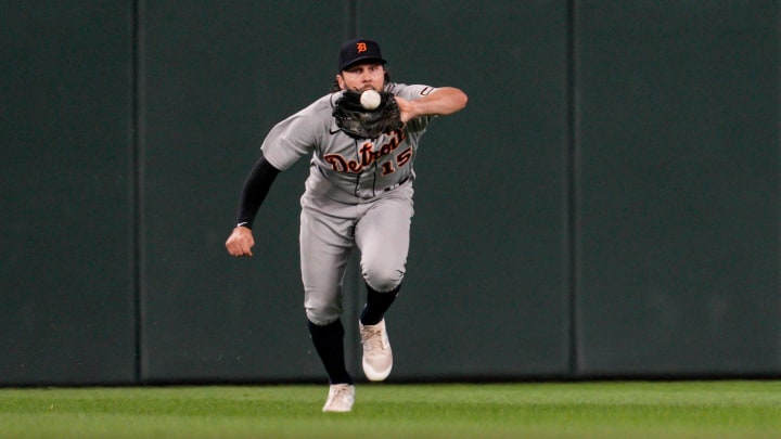 Jun 16, 2023; Minneapolis, Minnesota, USA; Detroit Tigers right fielder Jake Marisnick (15) catches