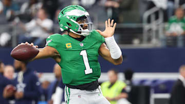 Nov 23, 2025; Arlington, Texas, USA; Philadelphia Eagles quarterback Jalen Hurts (1) warm ups before the game against the Dallas Cowboys at AT&T Stadium. Mandatory Credit: Kevin Jairaj-Imagn Images