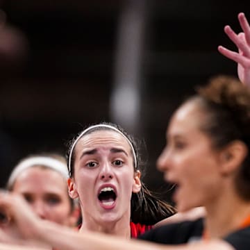 Indiana Fever guard Caitlin Clark (22) reacts to a call Friday, Aug. 16, 2024, during the game at Gainbridge Fieldhouse in Indianapolis.