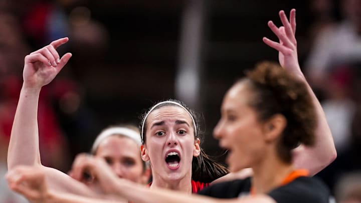 Indiana Fever guard Caitlin Clark (22) reacts to a call Friday, Aug. 16, 2024, during the game at Gainbridge Fieldhouse in Indianapolis.