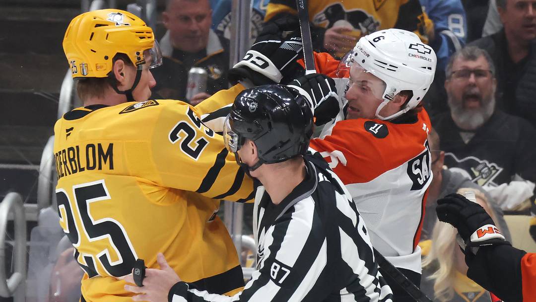 Elmer Soderblom (PIT) and Travis Sanheim (PHI) | Philadelphia Flyers vs Pittsburgh Penguins, 2026 NHL Playoffs