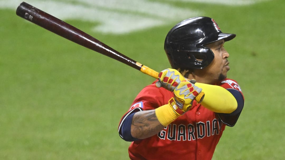 Sep 24, 2025; Cleveland, Ohio, USA; Cleveland Guardians third baseman Jose Ramirez (11) hits an RBI double in the seventh inning against the Detroit Tigers at Progressive Field. Mandatory Credit: David Richard-Imagn Images