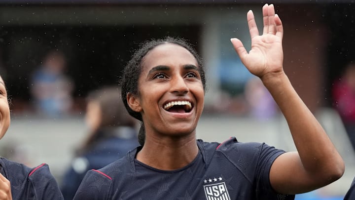 Apr 11, 2026; San Jose, California, USA; United States forward Sophia Wilson (left) and defender Naomi Girma (right) before the game against Japan at PayPal Park. 