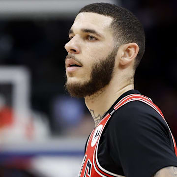 Feb 2, 2025; Detroit, Michigan, USA; Chicago Bulls guard Lonzo Ball (2) looks on in the second half against the Detroit Pistons at Little Caesars Arena. Mandatory Credit: Rick Osentoski-Imagn Images