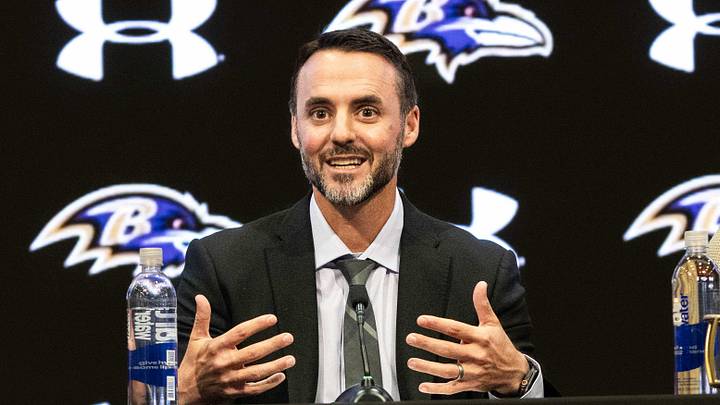 Jan 29, 2026; Owings Mills, MD, USA; Sashi Brown, Jesse Minter, and Eric DeCosta on the podium at the press conference introducing Jesse Minter at Under Armour Performance Center. Mandatory Credit: Lexi Thompson-Imagn Images
