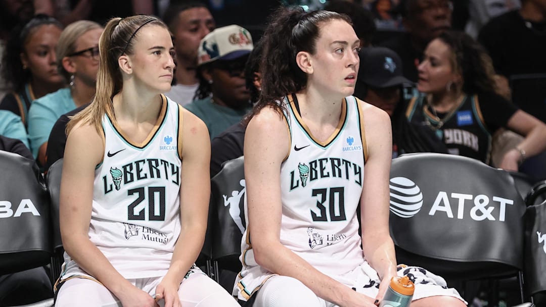 Jun 10, 2025; Brooklyn, New York, USA; New York Liberty guard Sabrina Ionescu (20) and forward Breanna Stewart (30) at Barclays Center. Mandatory Credit: Wendell Cruz-Imagn Images