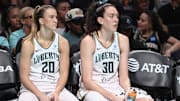 Jun 10, 2025; Brooklyn, New York, USA; New York Liberty guard Sabrina Ionescu (20) and forward Breanna Stewart (30) at Barclays Center. Mandatory Credit: Wendell Cruz-Imagn Images