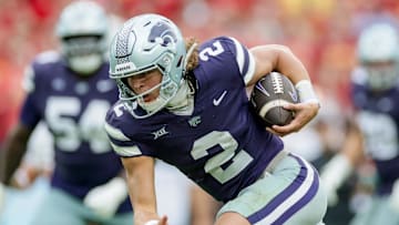 Aug 23, 2025; Dublin, IRELAND; Kansas State quarterback Avery Johnson scores a touchdown during the Aer Lingus Classic between Iowa State and Kansas State at Aviva Stadium. Mandatory Credit: Laszlo Geczo/INPHO via Imagn Images