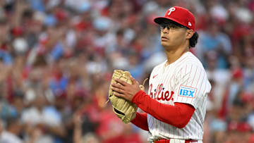 Oct 6, 2025; Philadelphia, Pennsylvania, USA; Philadelphia Phillies pitcher Jesus Luzardo (44) reacts after throwing against the Los Angeles Dodgers in the first inning during game two of the NLDS round for the 2025 MLB playoffs at Citizens Bank Park.