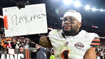 Dec 28, 2023; Cleveland, Ohio, USA; Cleveland Browns safety Juan Thornhill (1) hold a sign.