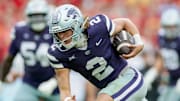 Aug 23, 2025; Dublin, IRELAND; Kansas State quarterback Avery Johnson scores a touchdown during the Aer Lingus Classic between Iowa State and Kansas State at Aviva Stadium. Mandatory Credit: Laszlo Geczo/INPHO via Imagn Images