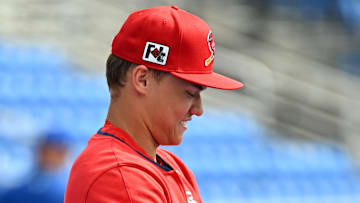 Feb 25, 2025; Dunedin, Florida, USA; St. Louis Cardinals designated hitter JJ Wetherholt (87) prepares for batting practice  before a spring training game against the Toronto Blue Jays at TD Ballpark. Mandatory Credit: Jonathan Dyer-Imagn Images