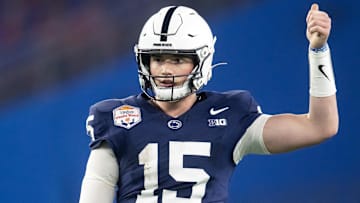 Dec 31, 2024; Glendale, AZ, USA; Penn State Nittany Lions quarterback Drew Allar (15) against the Boise State Broncos in the Fiesta Bowl at State Farm Stadium. Mandatory Credit: Mark J. Rebilas-Imagn Images