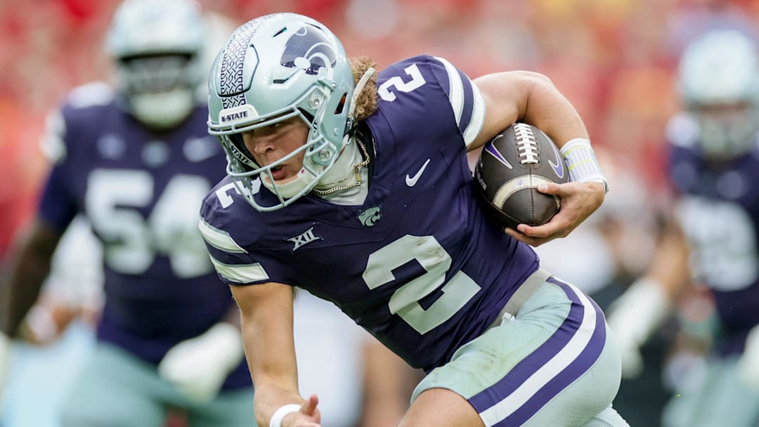 Aug 23, 2025; Dublin, IRELAND; Kansas State quarterback Avery Johnson scores a touchdown during the Aer Lingus Classic between Iowa State and Kansas State at Aviva Stadium. Mandatory Credit: Laszlo Geczo/INPHO via Imagn Images