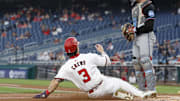 Sep 12, 2024; Washington, District of Columbia, USA; Washington Nationals outfielder Dylan Crews (3) scores a run on a two run double by Nationals third baseman José Tena (not pictured) against the Miami Marlins during the first inning at Nationals Park. 