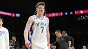 Apr 5, 2025; San Antonio, TX, USA; Duke Blue Devils guard Kon Knueppel (7) walks off the court after losing to the Houston Cougars in the semifinals of the men's Final Four of the 2025 NCAA Tournament at the Alamodome. Mandatory Credit: Robert Deutsch-Imagn Images