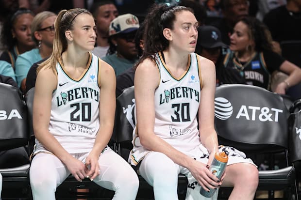 New York Liberty guard Sabrina Ionescu (20) and forward Breanna Stewart (30)