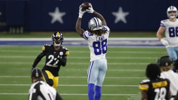 Nov 8, 2020; Arlington, Texas, USA; Dallas Cowboys wide receiver CeeDee Lamb (88) catches a pass against Pittsburgh Steelers cornerback Steven Nelson (22) in the fourth quarter at AT&T Stadium. 