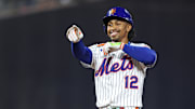 May 27, 2025; New York City, New York, USA; New York Mets shortstop Francisco Lindor (12) reacts after hitting a double during the sixth inning against the Chicago White Sox at Citi Field. Mandatory Credit: Vincent Carchietta-Imagn Images