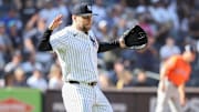 Aug 9, 2025; Bronx, New York, USA;  New York Yankees relief pitcher David Bednar (53) reacts after defeating the Houston Astros 5-4 at Yankee Stadium. Mandatory Credit: Wendell Cruz-Imagn Images